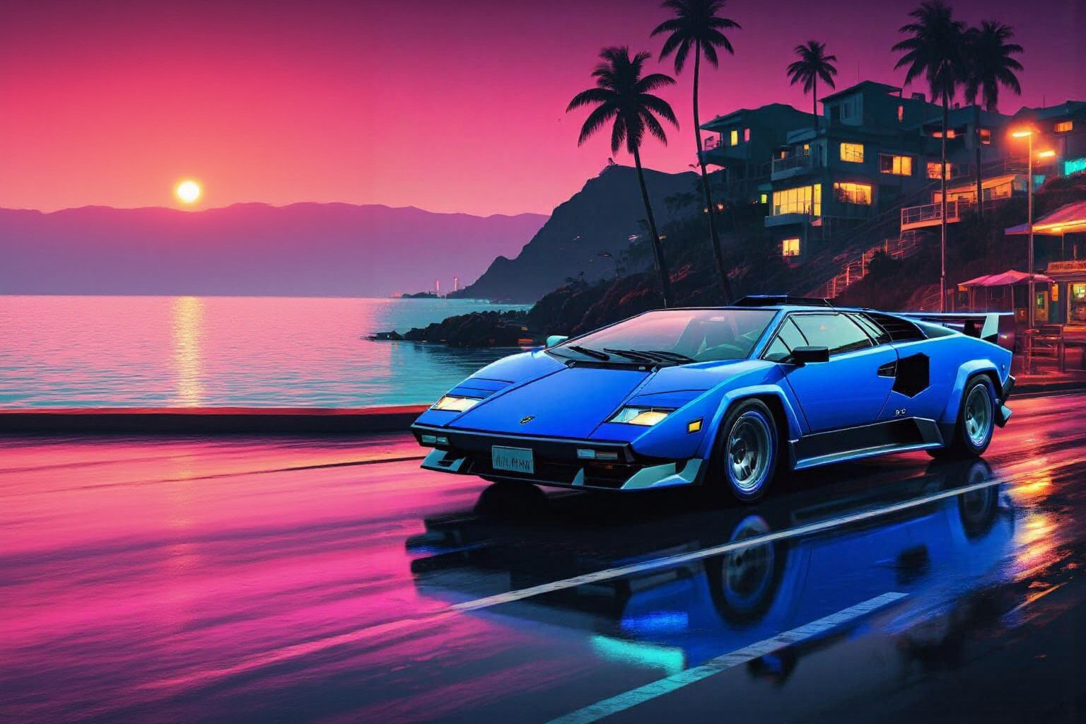 Lamborghini Countach at Synthwave Sunset