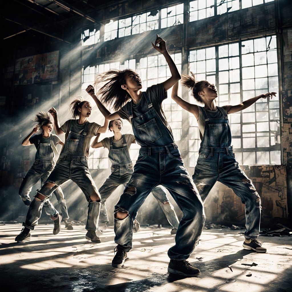 Dancers in Industrial Warehouse - Charcoal Drawing Style