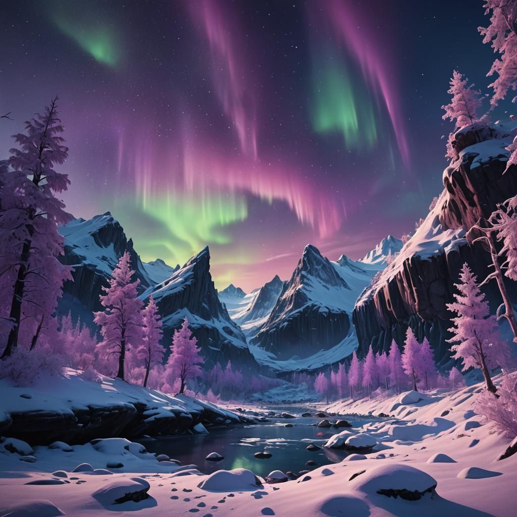 Dramatic Snowy Landscape with Aurora, Fantasy Concept Art