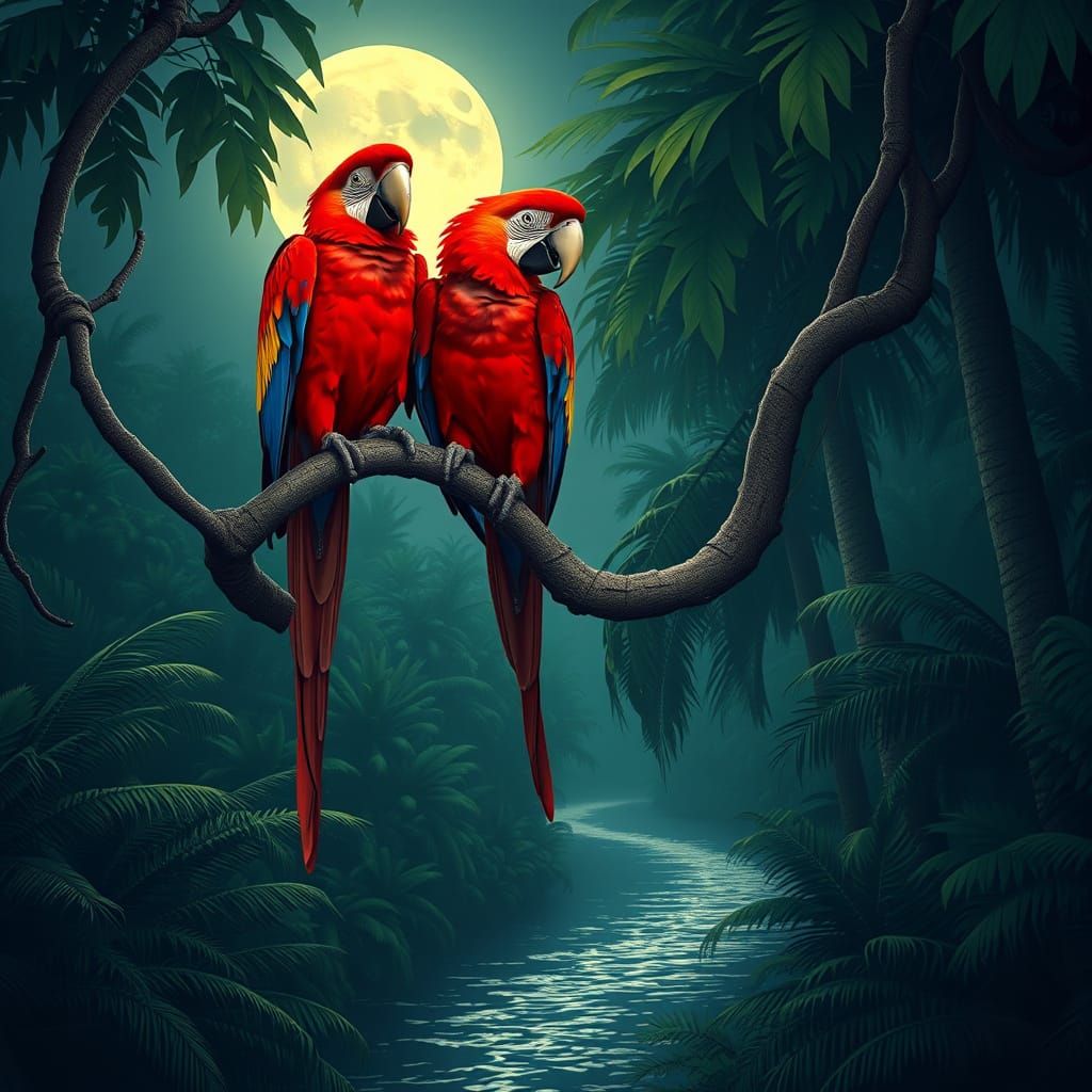 Scarlet Macaws Under Moonlit Jungle Canopy