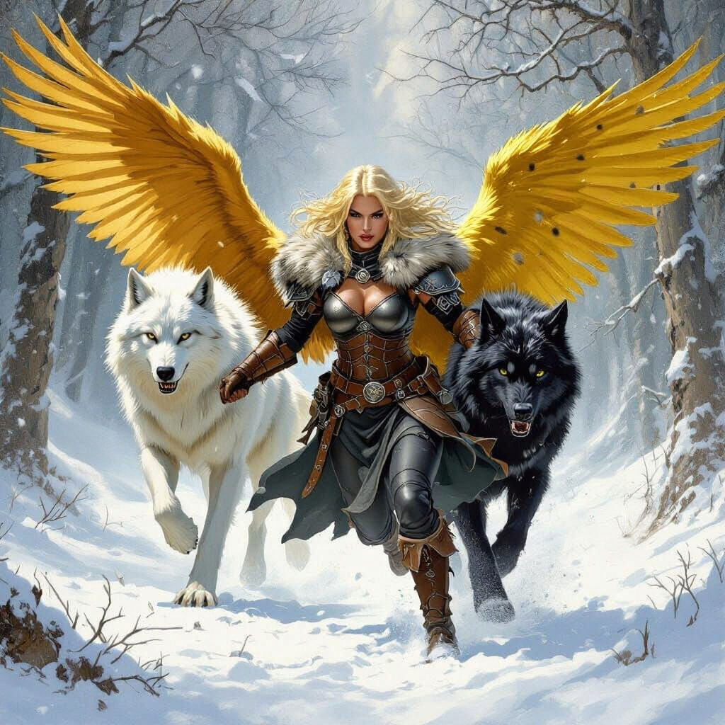 Winged Warrior with Wolves in Snowy Forest