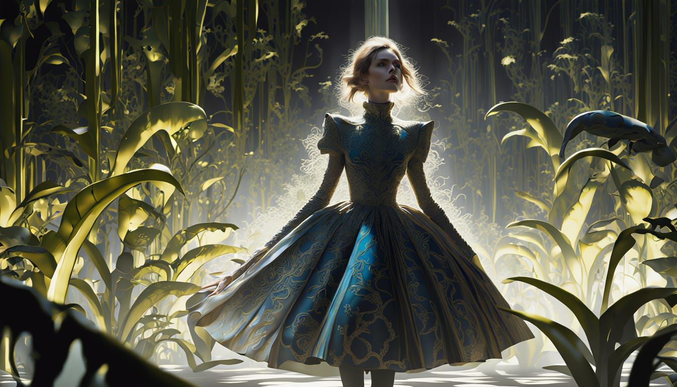 Avant-garde Fashion: Filigree Woman Amidst Bioluminescent Fl...