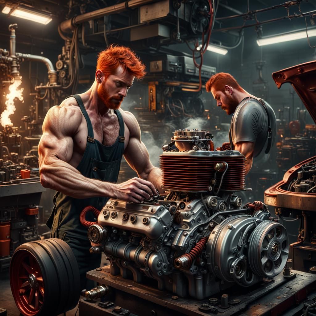 Redhead Mechanic Working on Engine, Digital Art