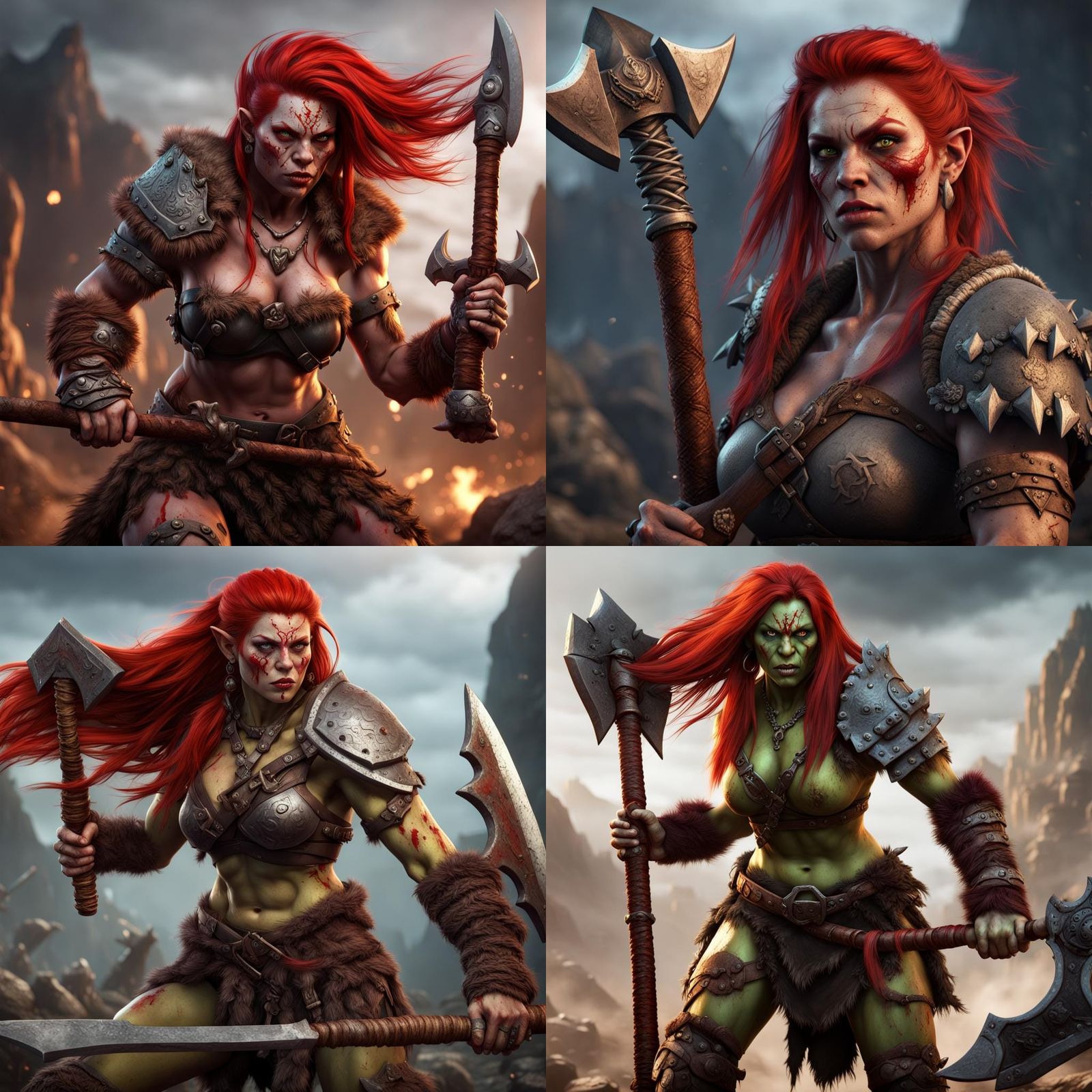 Female Orc Barbarian with Axes: Fantasy Art