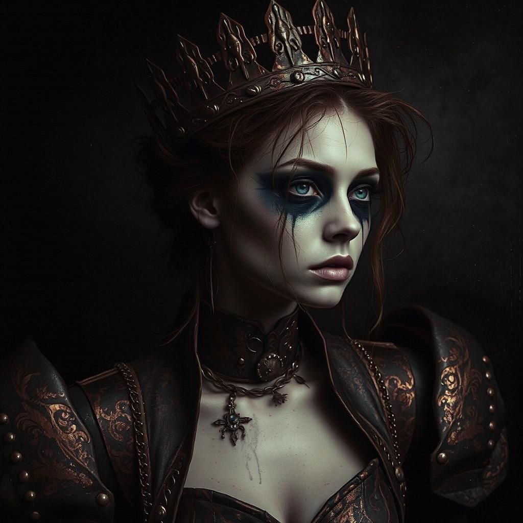 Dark Image of a Sad Queen with Rusty Crown