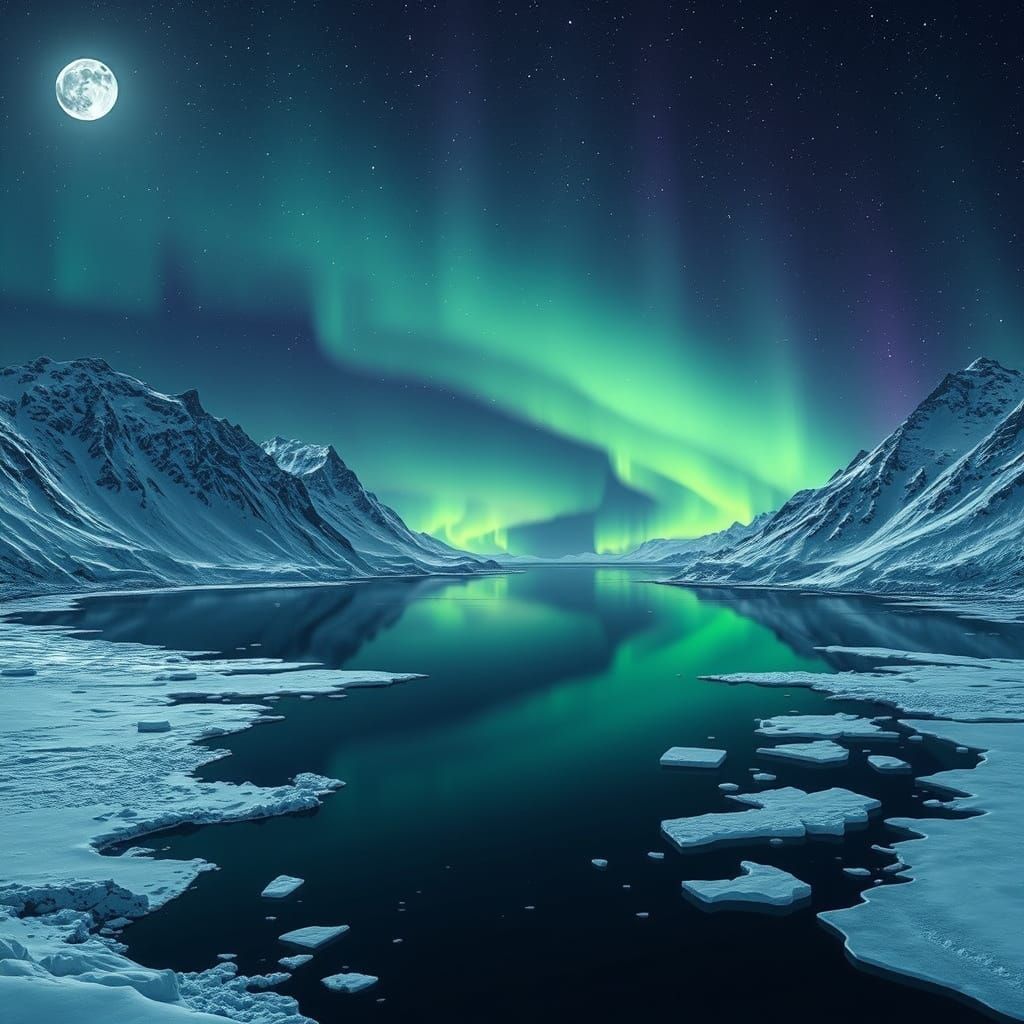 Icelandic Fjord Under Northern Lights