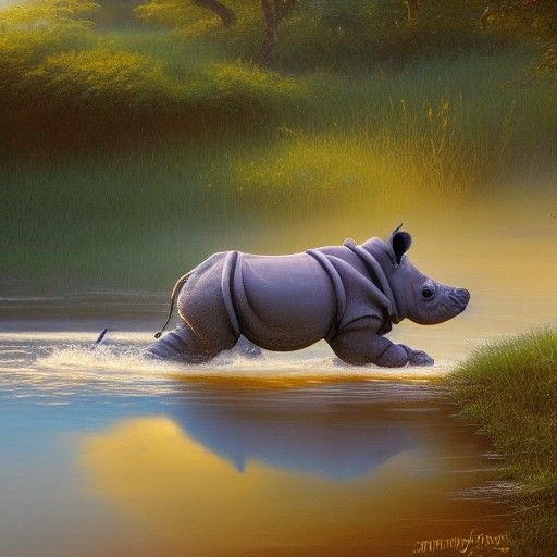 Baby Rhino's Blissful River Adventure as Oil Painting