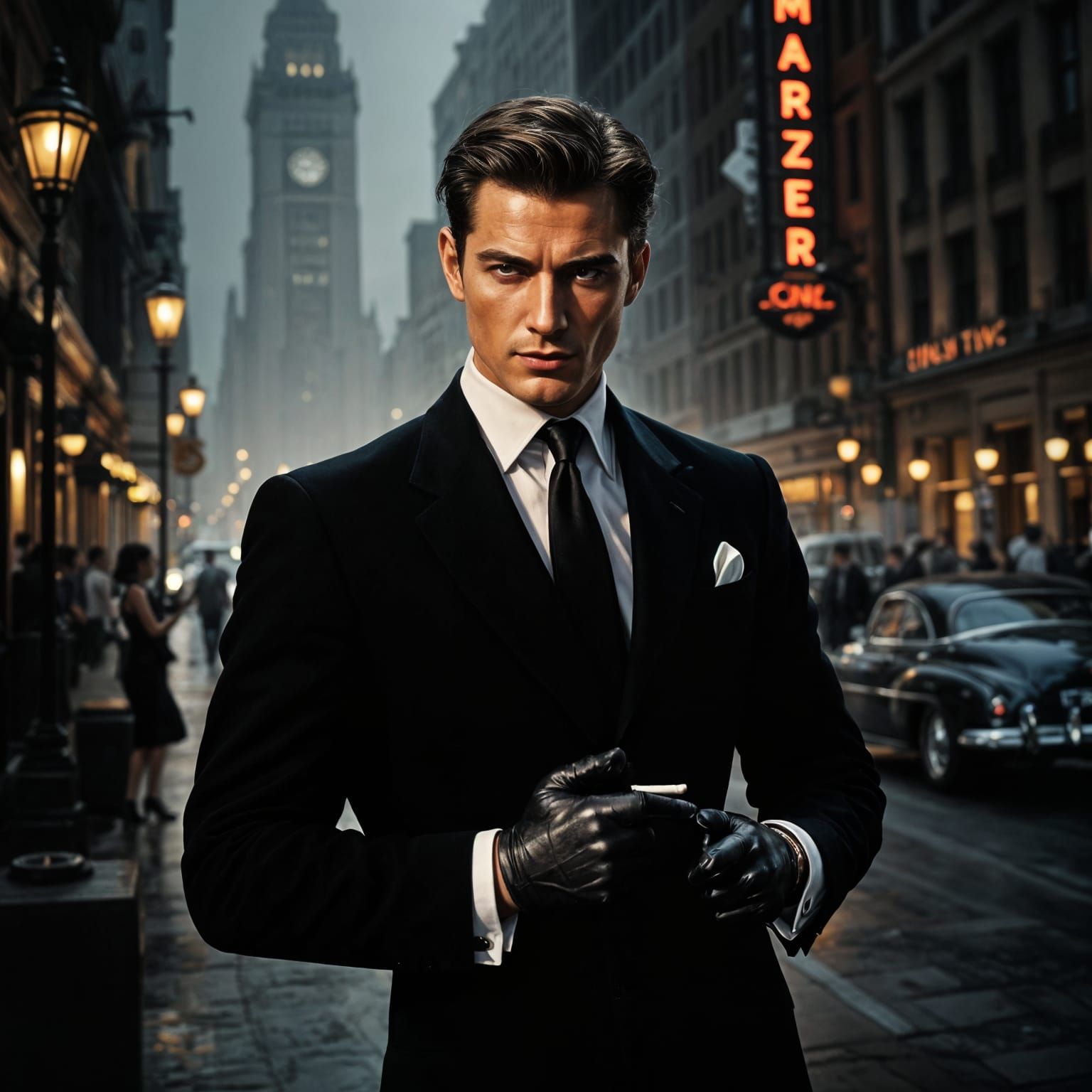 Suave 1950s Spy in a Bustling City Scene
