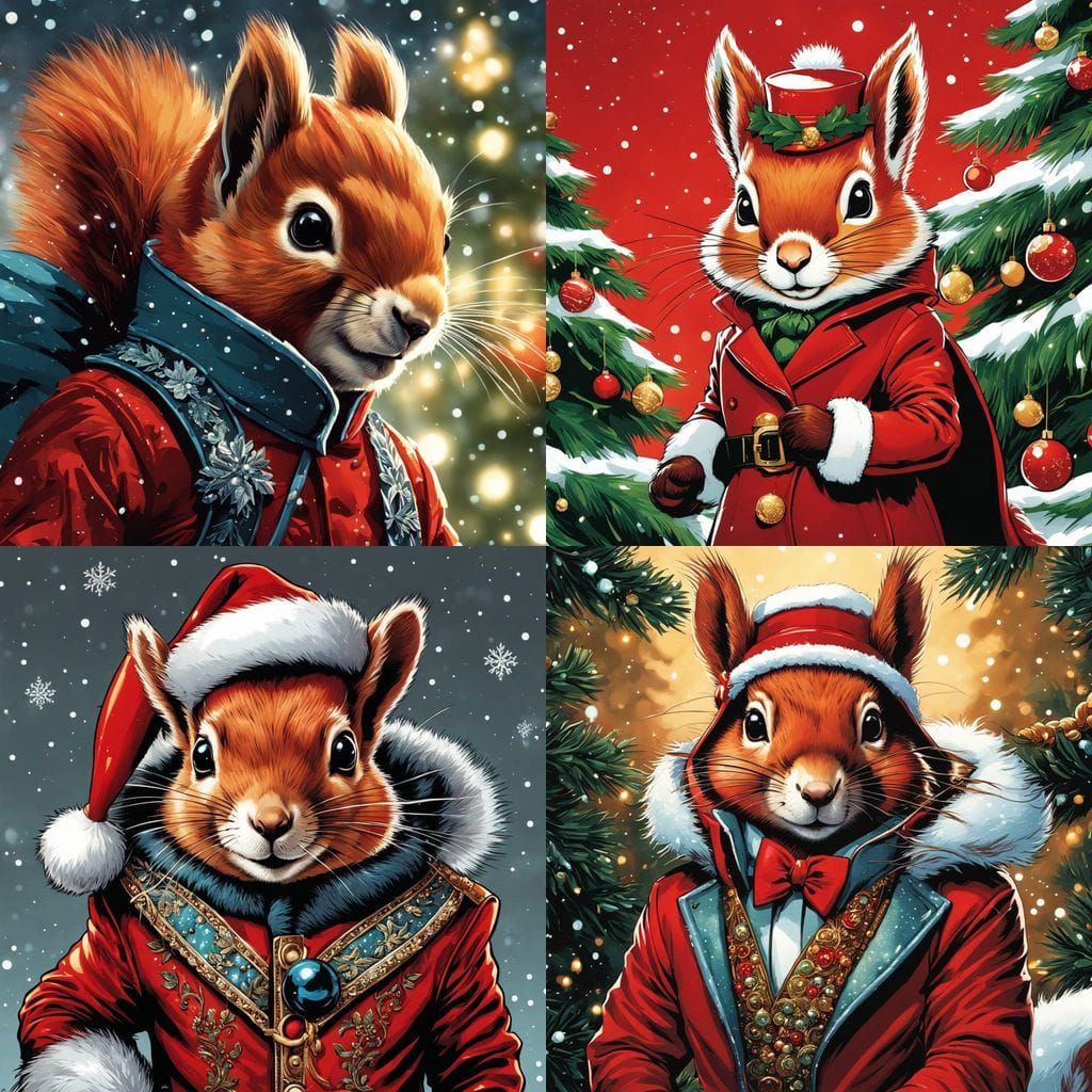 Christmas Haute Couture Red Squirrel in Comic Book Style
