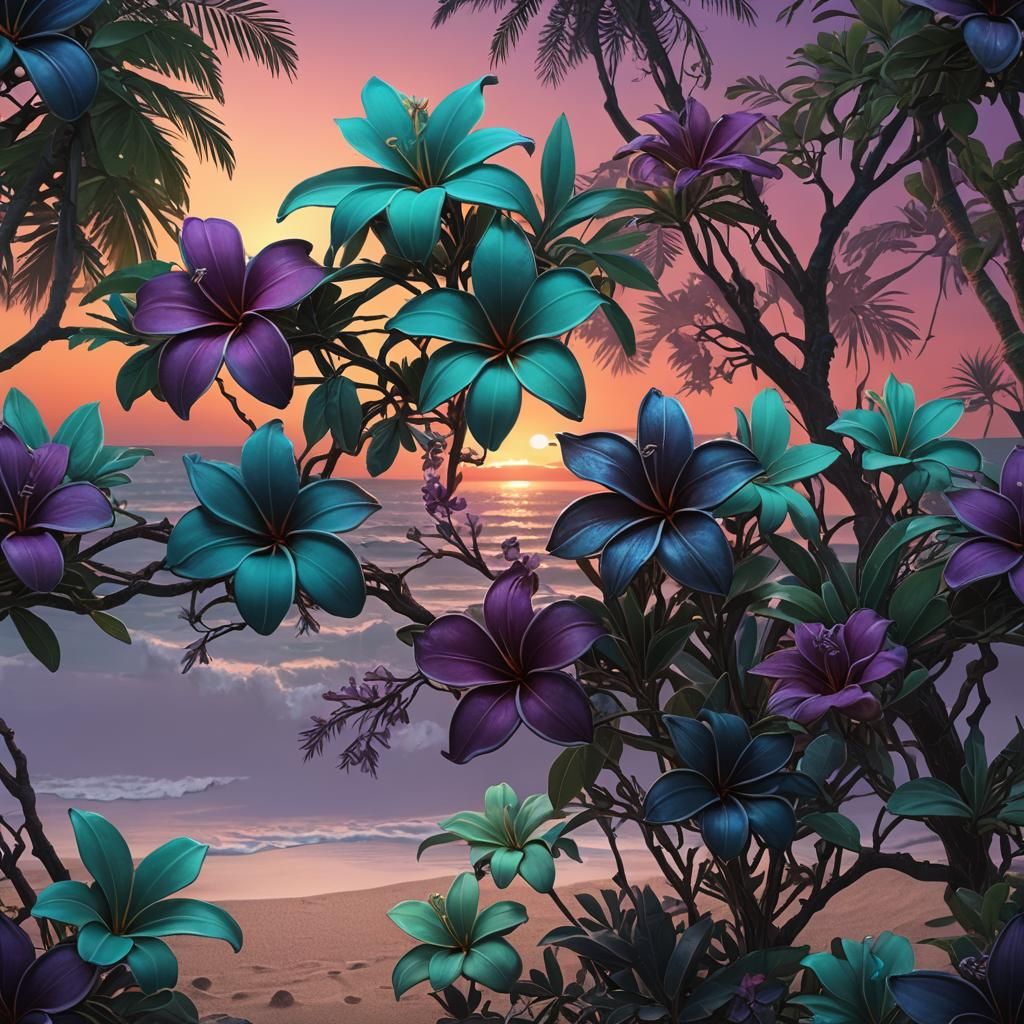 Filigree Tropical Beach Sunrise in Detailed Matte Painting