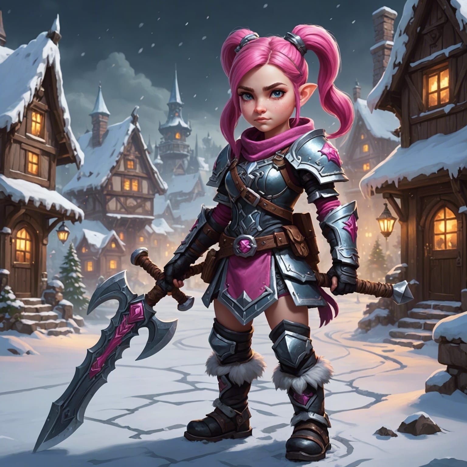 Gnome Warrior Woman in Snowy Village