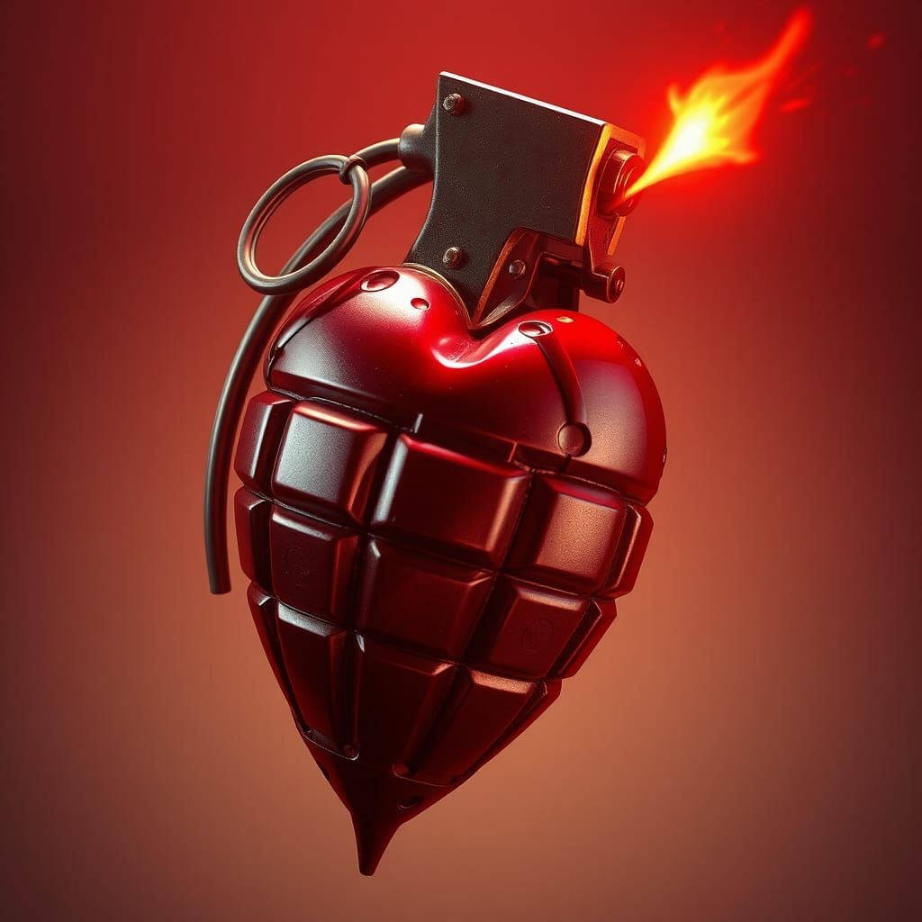 3D anime art. Close-up. An anatomical muscular bloody heart hand grenade about to explode. Macro shot. Inspired by WL...