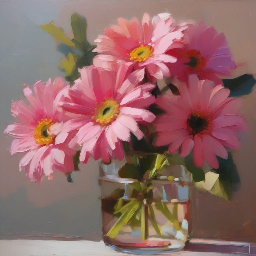 Pink Gerbera Bouquet in Impressionistic Impasto Style