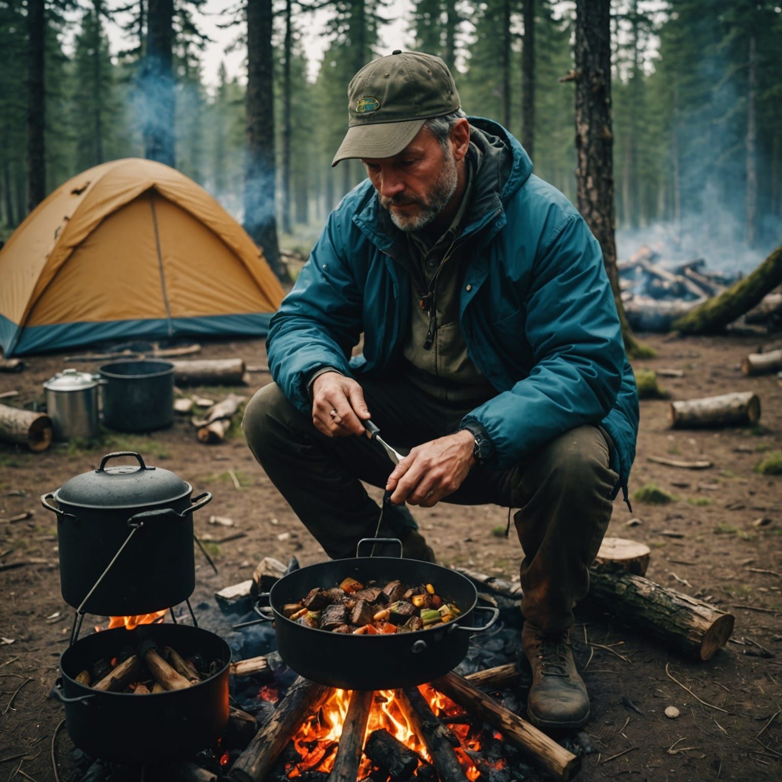 Man Cooking Stew in the Wilds: Cinematic Film Still