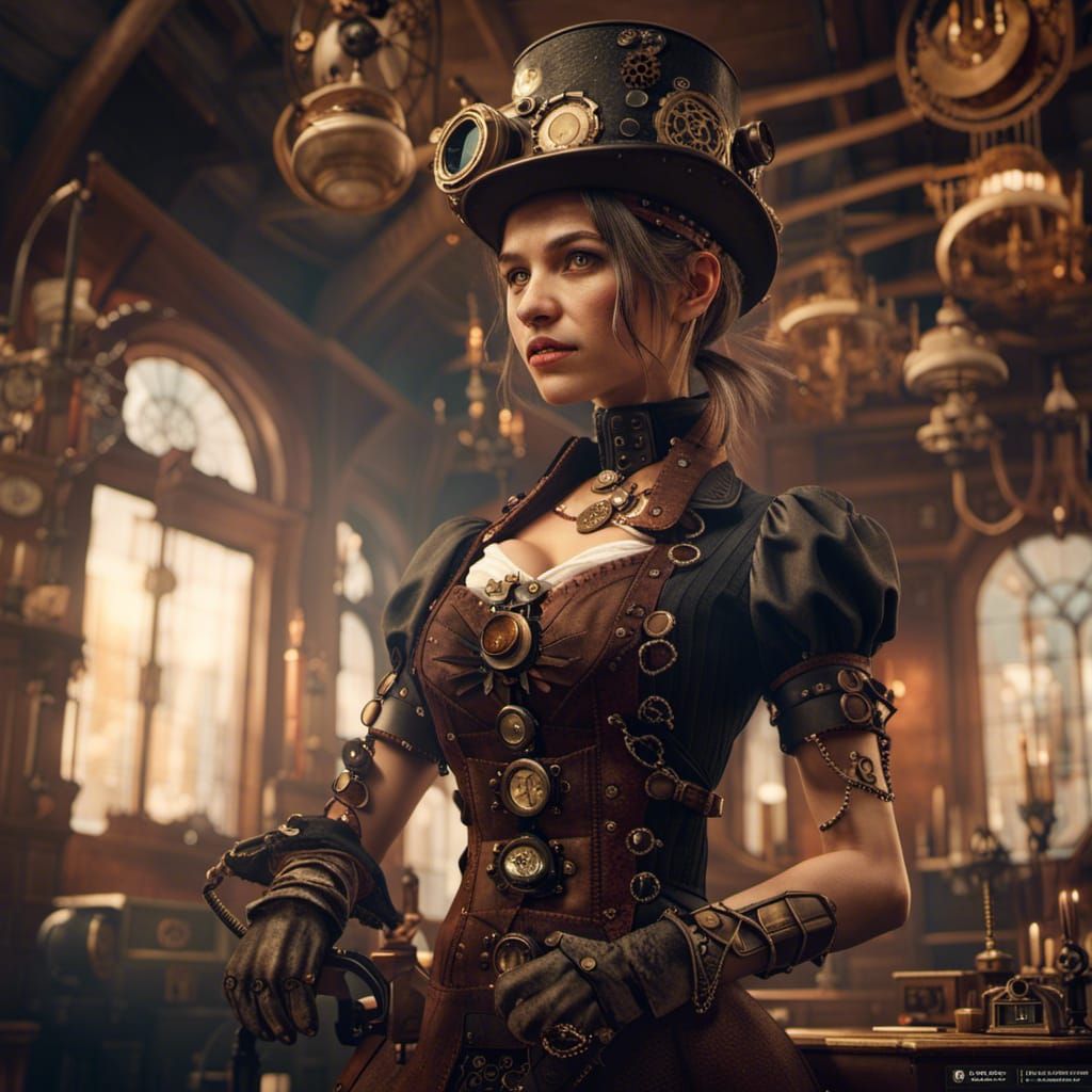 Steampunk Girl in House: Detailed Matte Painting