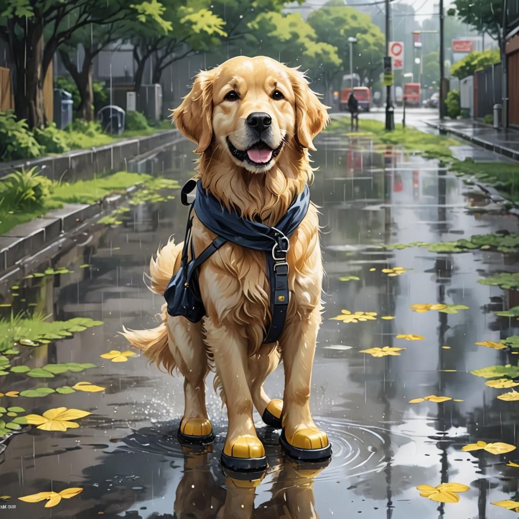 Golden Retriever in Rain Boots: Anime Style