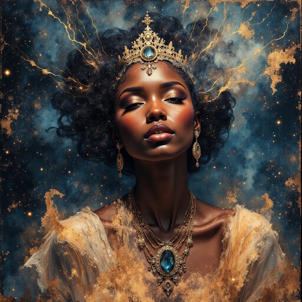 African Cosmic Queen in Divine Oil Painting Style