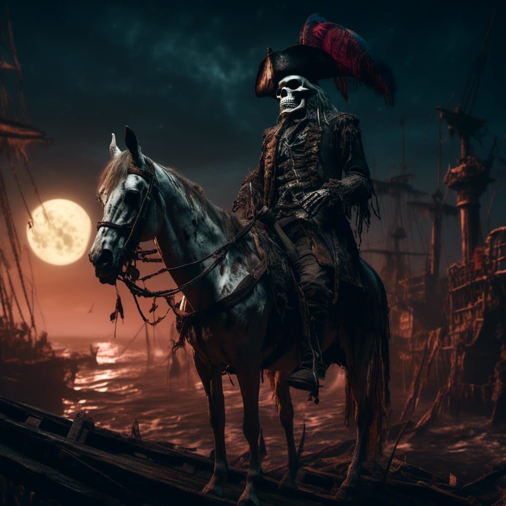 Moonlit Spanish Conquistador Skeleton on Pirate Ship