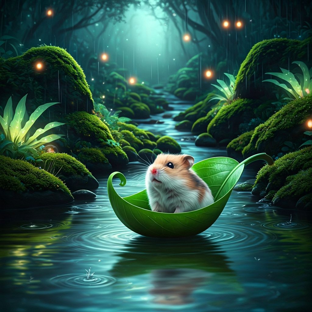 A photorealistic baby hamster floating gently down a stream ...