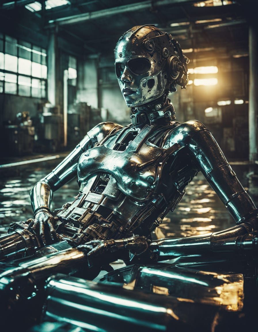 Shiny Chrome Goddess Amidst Metallic Ruins