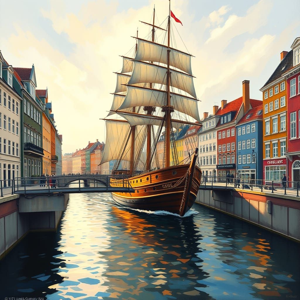 Majestic Sailing Ship Glides Through Copenhagen Drawbridge