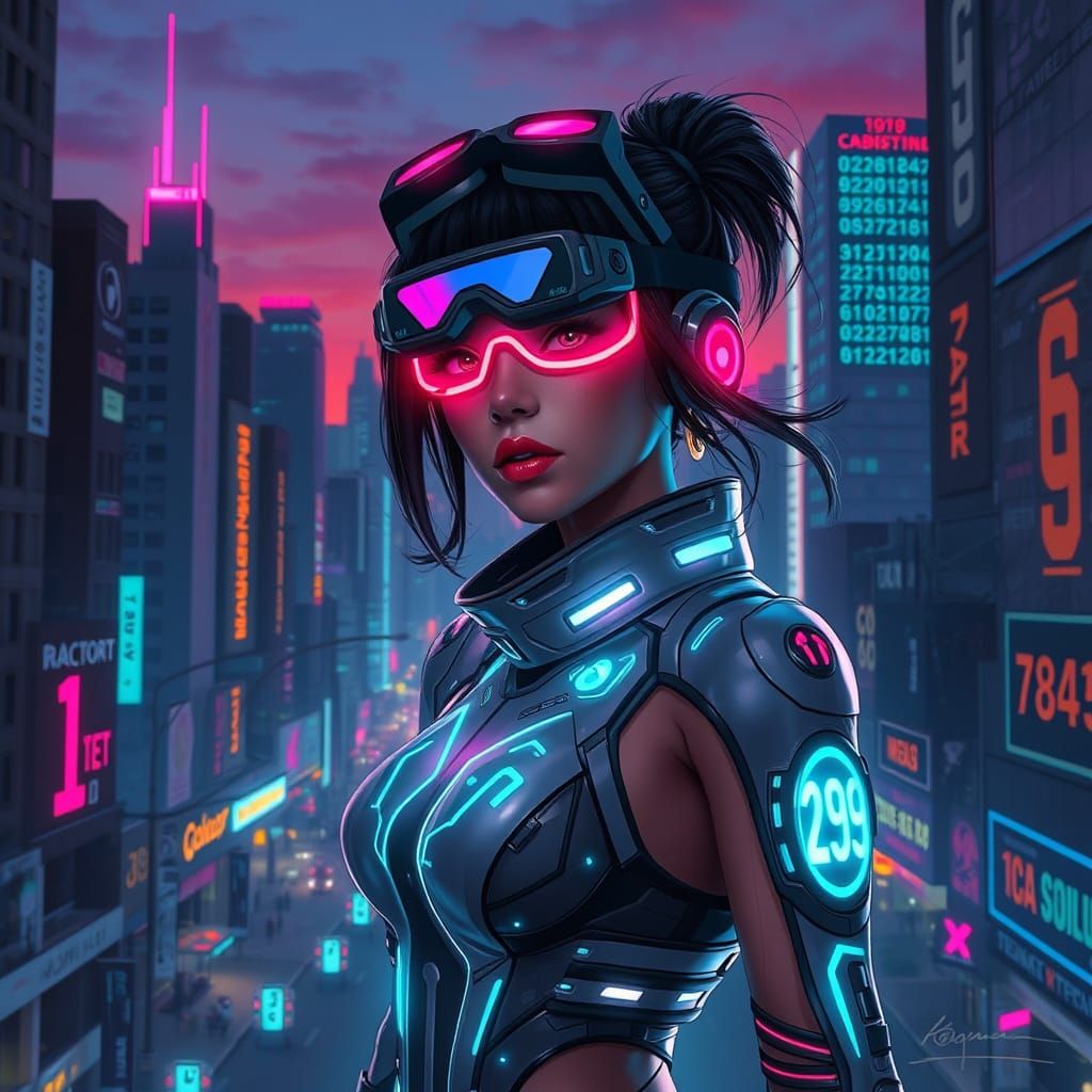 Cyberpunk Cityscape with Holographic Code in Neon Dusk