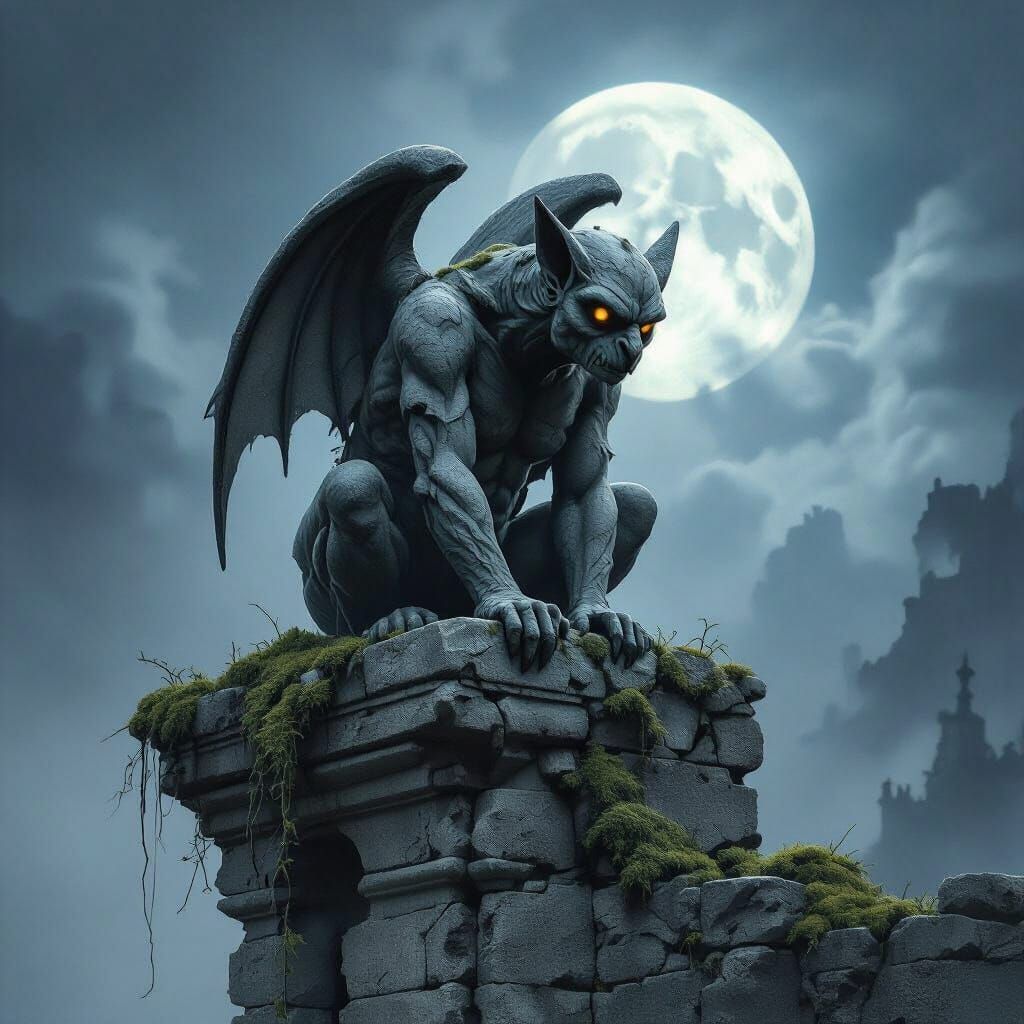 Ancient Gargoyle on Misty Ruin in Moonlight