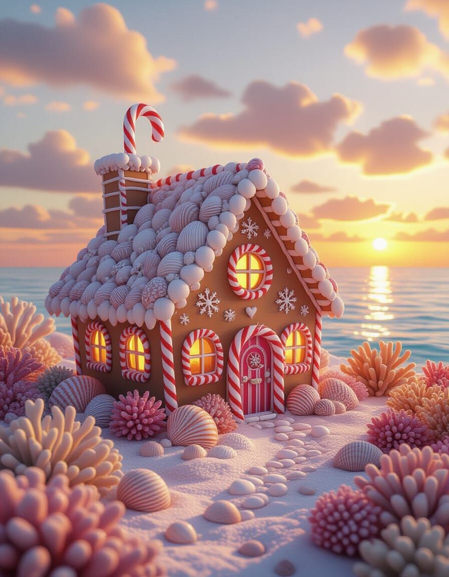 Coral Reef Gingerbread House at Sunset