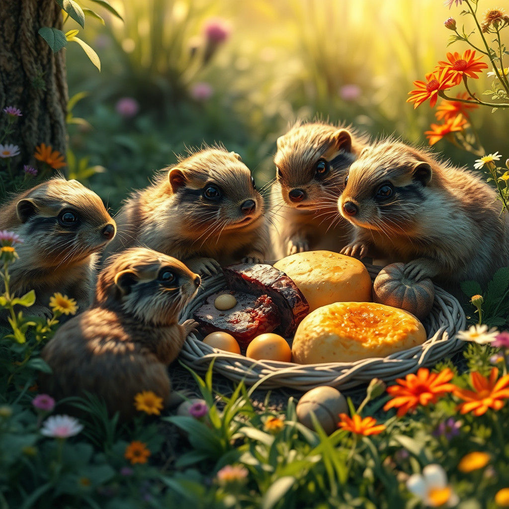 Groundhog Family Feast in Dreamlike Fairy Tale Setting