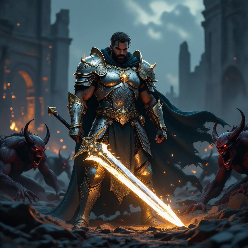 Heroic Warrior in Dark Battlefield, Epic Fantasy Art