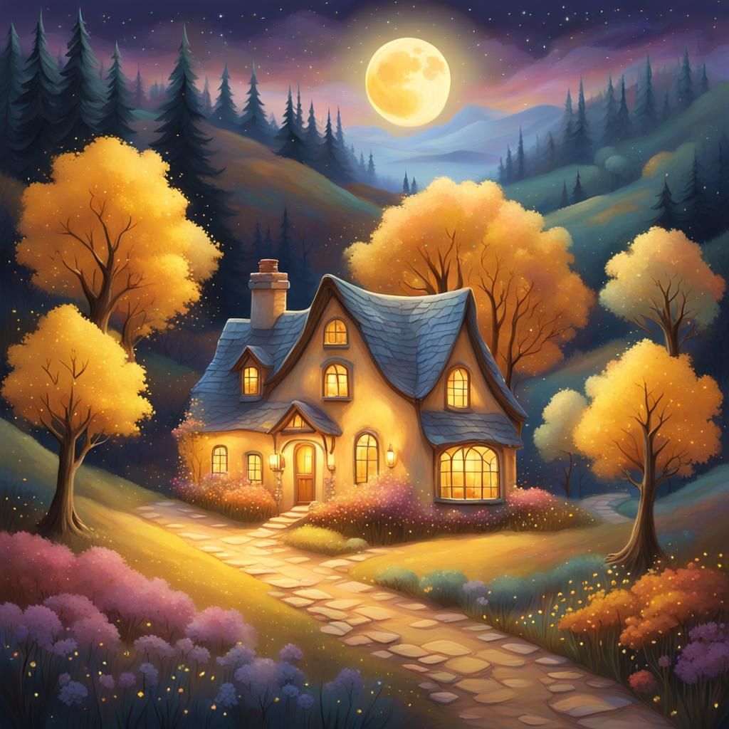 Whimsical Cottage Under Moonlight: A Fairytale Painting