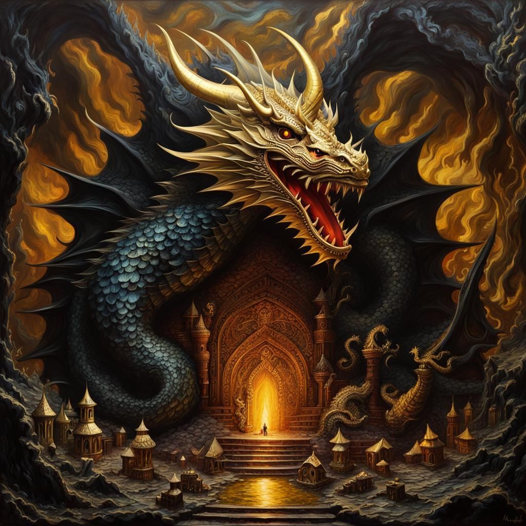Encaustic Dragon Lair with Gold and Torchlight