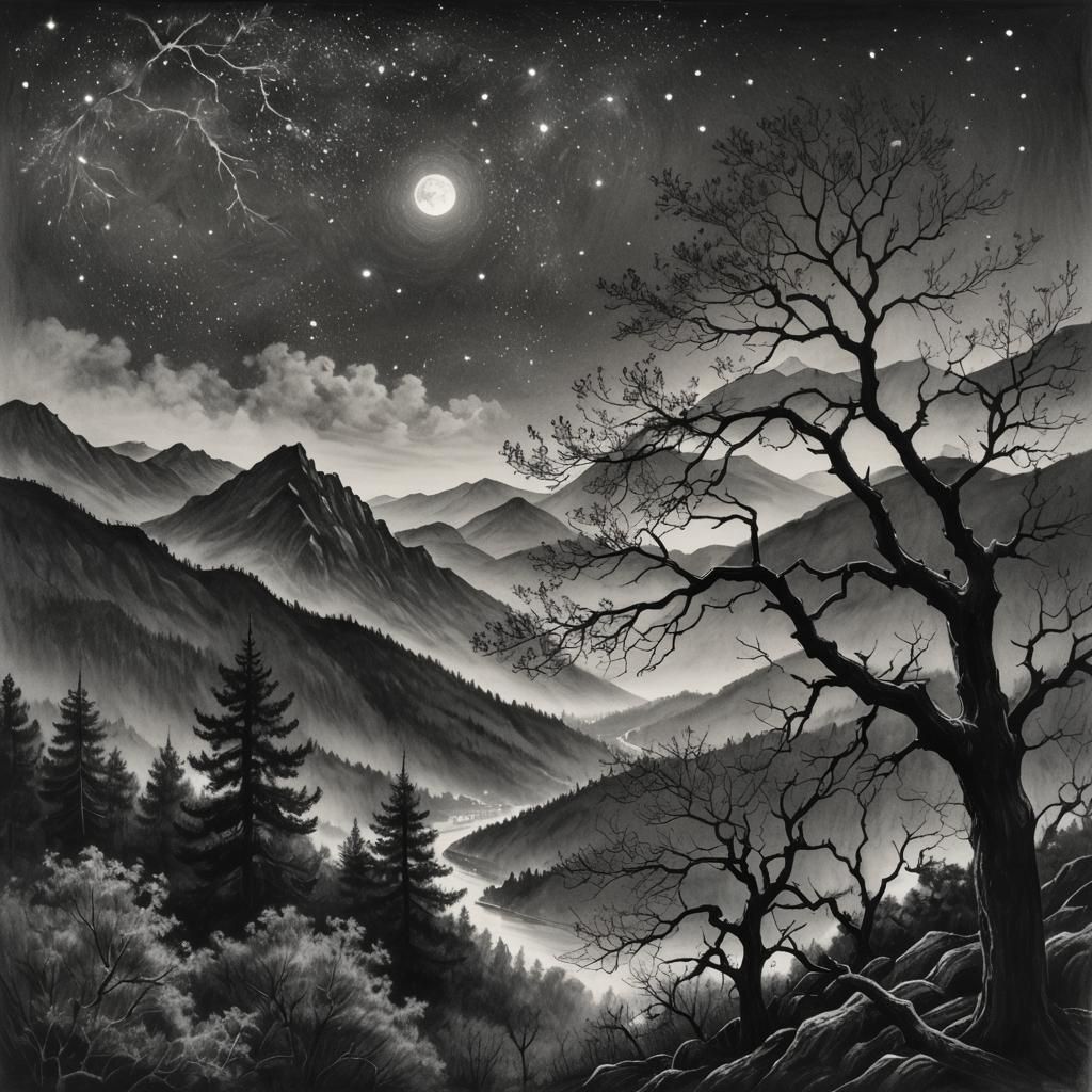 Detailed Charcoal Drawing of Starry Mountain Landscape