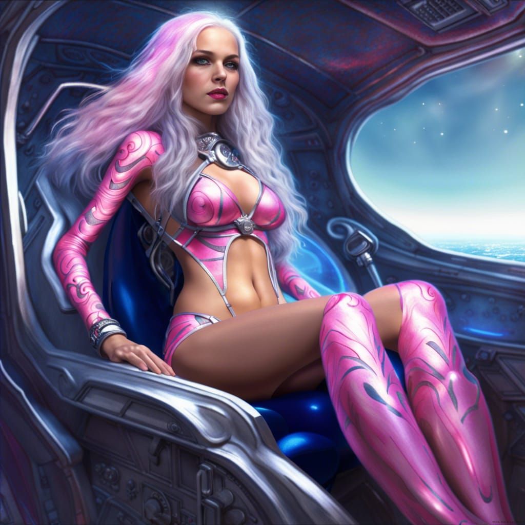 Woman with Silver Hair in Space Bikini Outfit