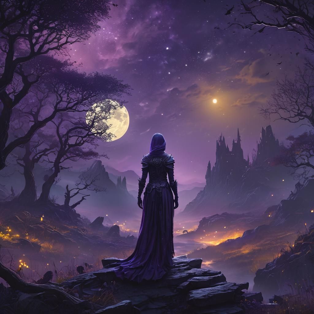 Mystical Fantasy Figure in Moonlit Landscape