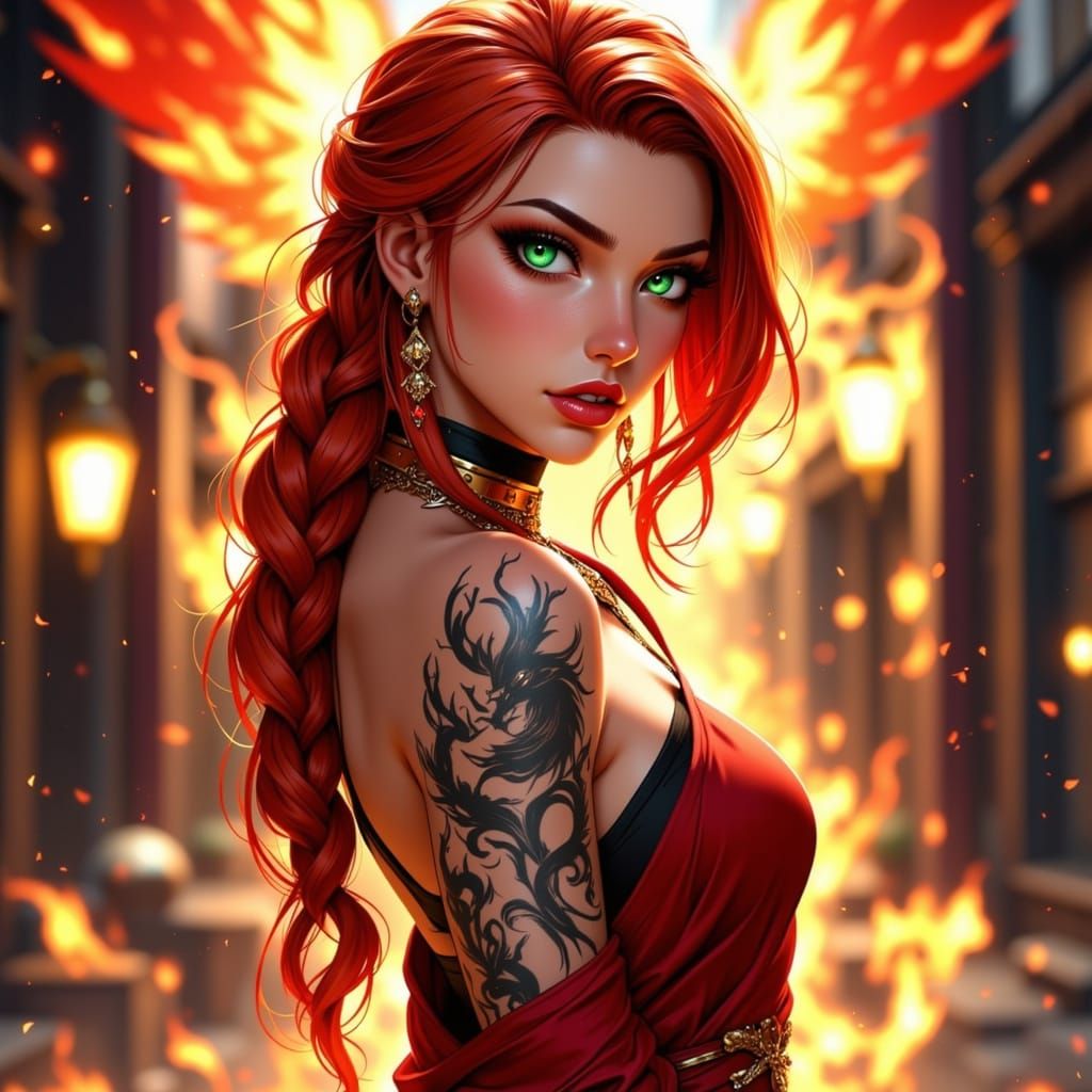 Anime Sorceress with Fiery Phoenix, 3D Render