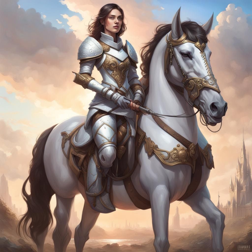 Noble Lady in Armor Beside Bay Horse