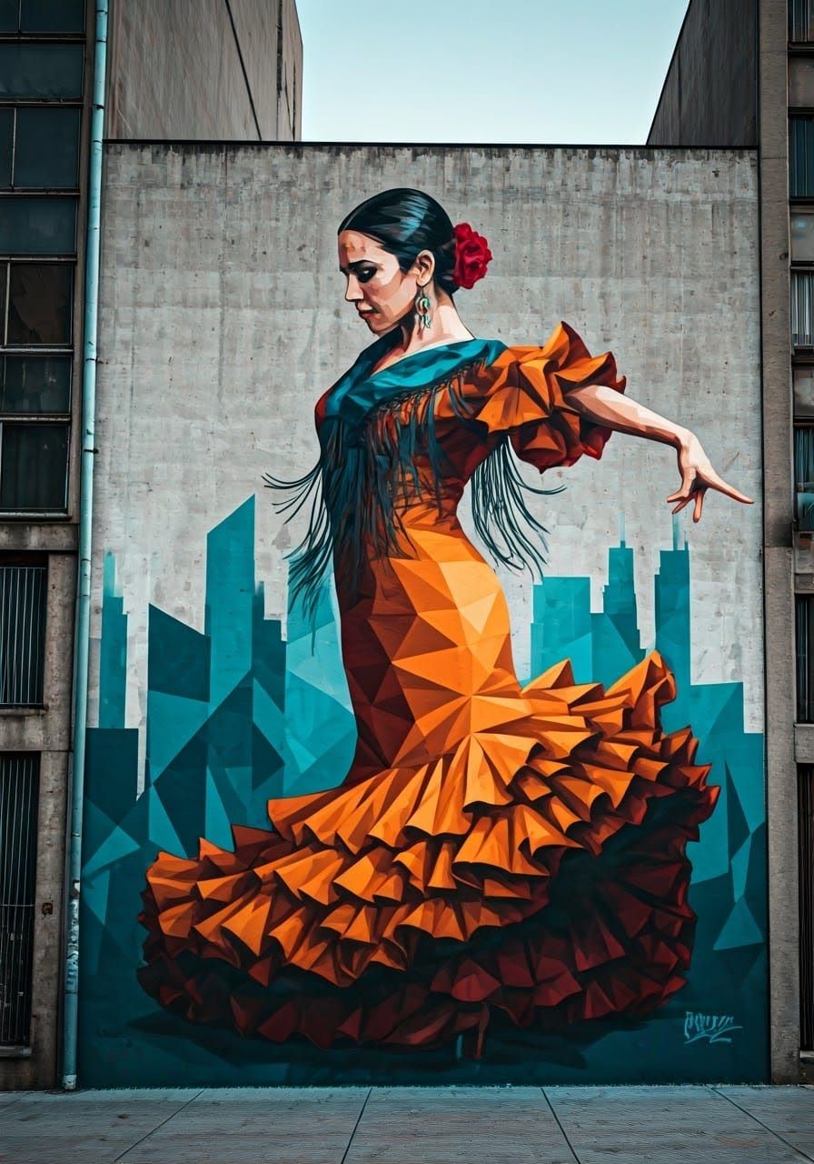 Dynamic Flamenco Dancer in Cubist Street Art