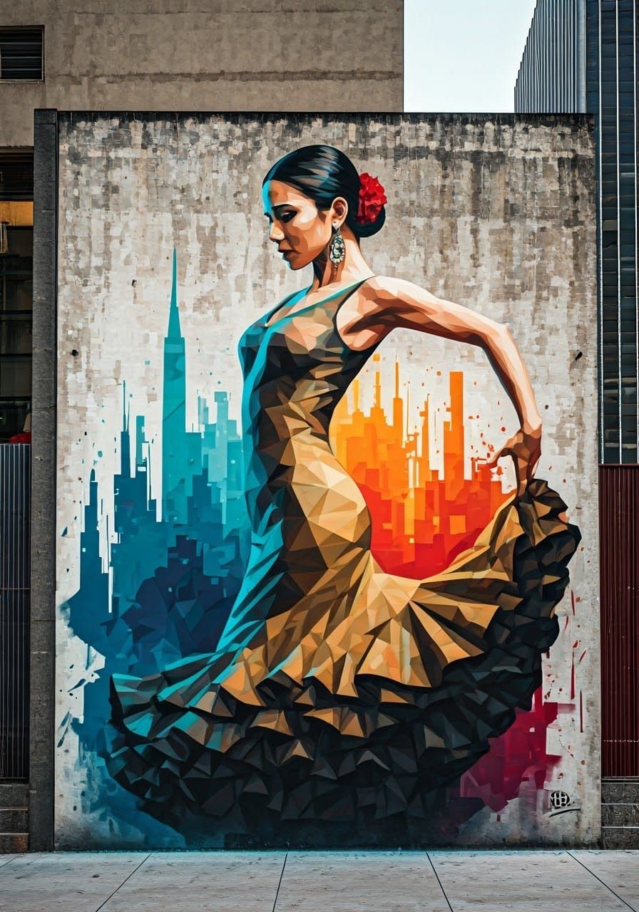 Flamenco Dancer Mural in Urban Street Art Style