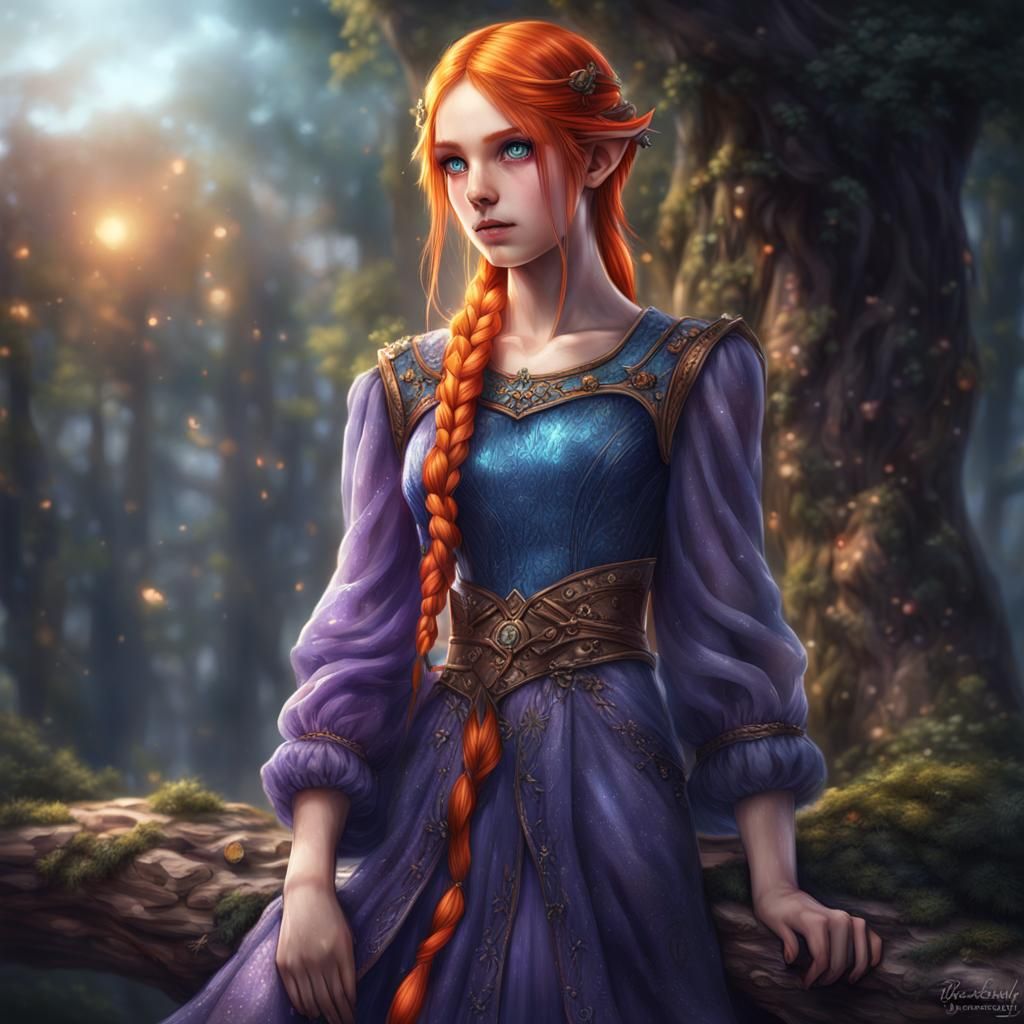 Hyperrealistic Elf Girl in a Noble Purple Dress