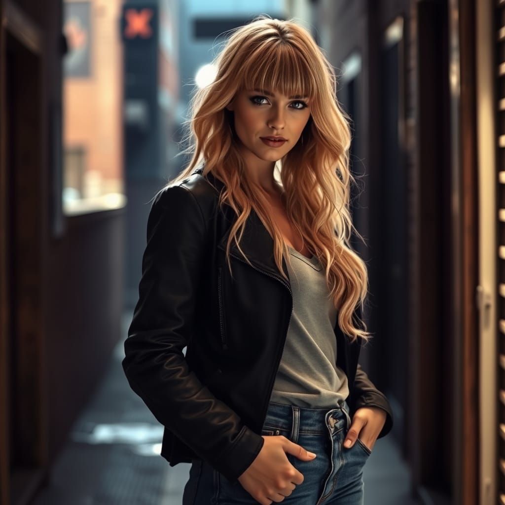 Confident Woman in Noir Alleyway Portrait