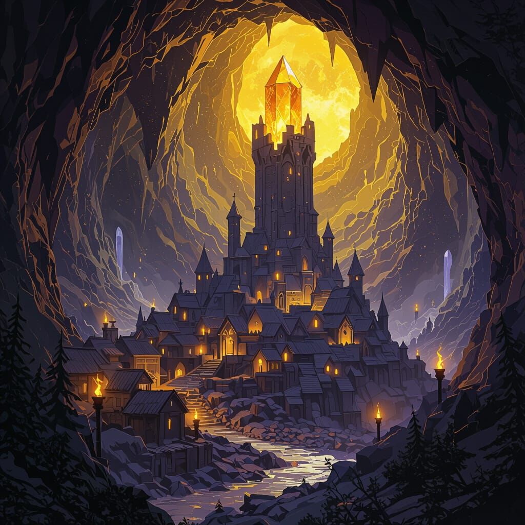 Mining Village in Cave System, Amber Crystal