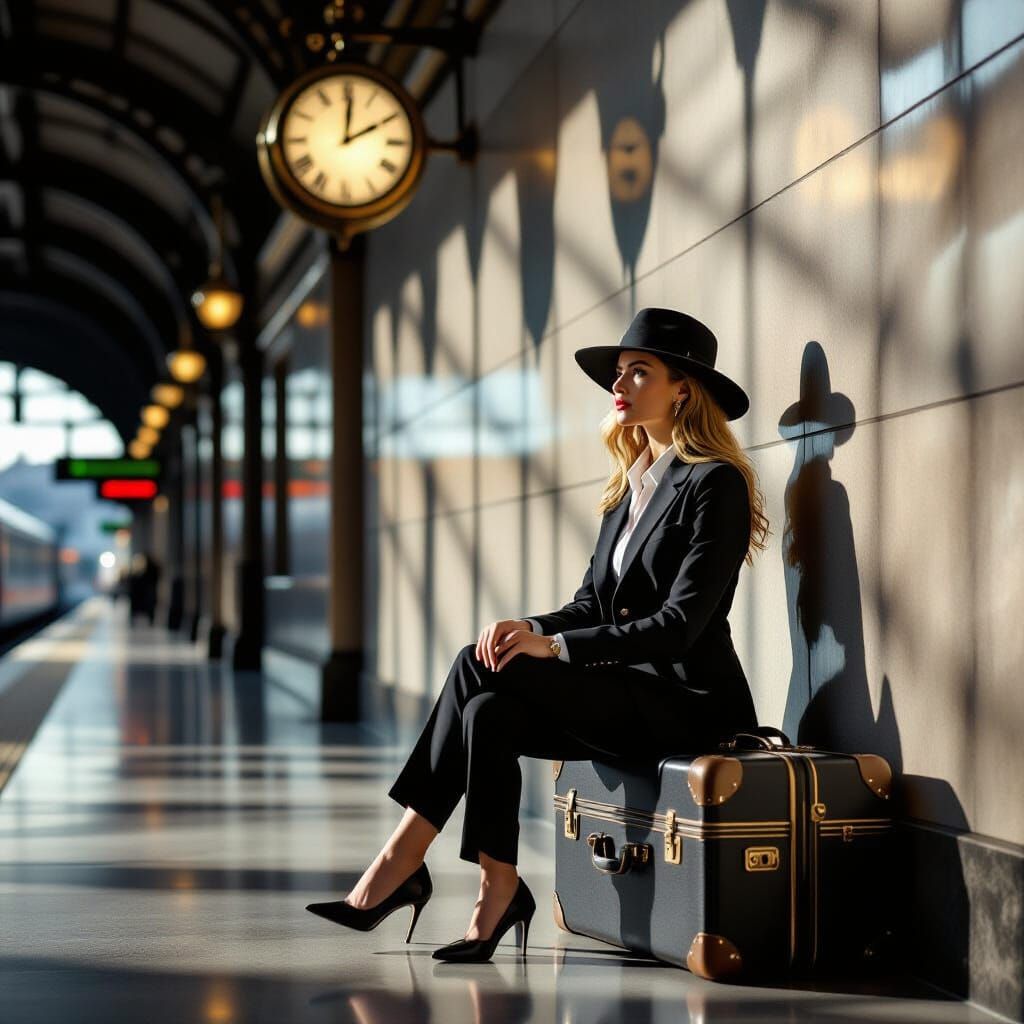 Elegant Woman on Suitcase at Train Station