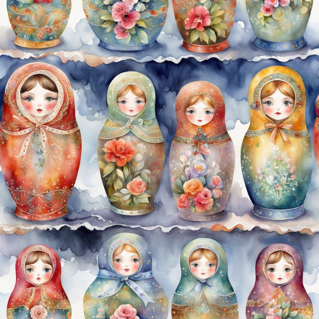 Surreal Russian Matryoshka Dolls in Whimsical Watercolour St...