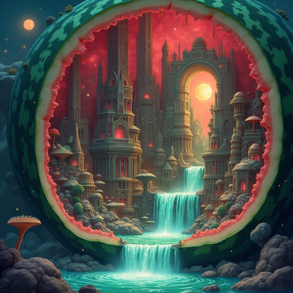 Utopian Watermelon City with Bioluminescent Accents