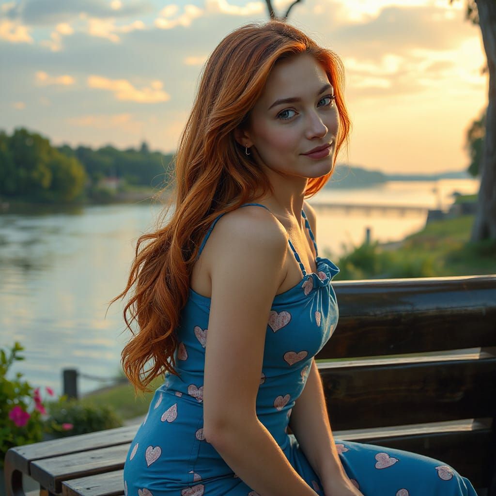 Woman with Red Hair Gazing at River View
