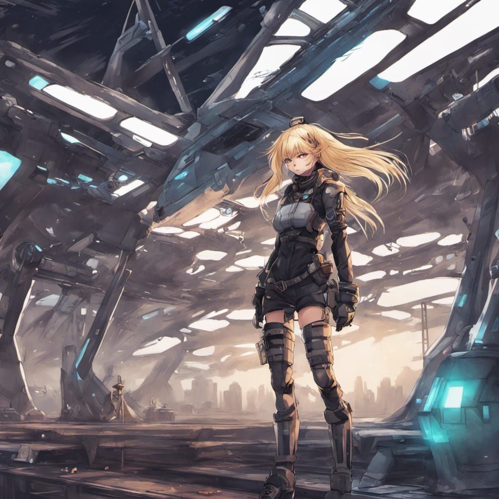Cyberpunk Blonde on Spaceship Bridge, Anime Style