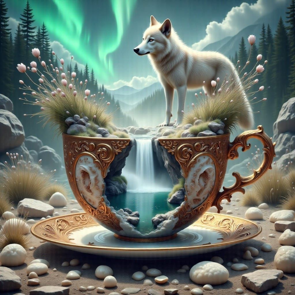 Majestic Wolf Peering From Ornate Teacup Under Northern Ligh...