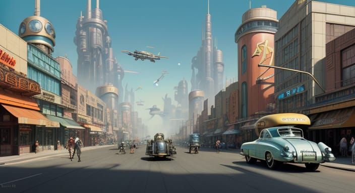 Retro-Futuristic Steampunk Cityscape with Flying Cars