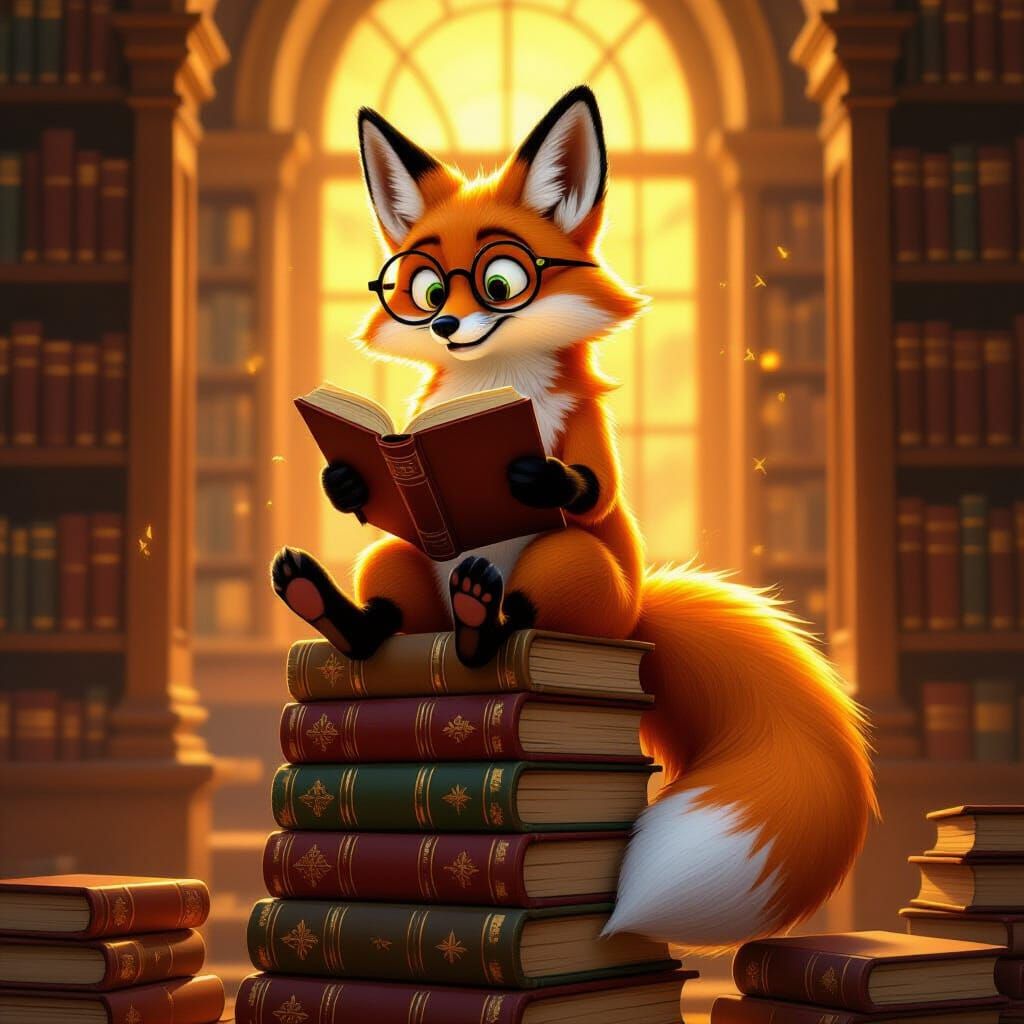 Neon Fox Reading Amidst Ancient Books